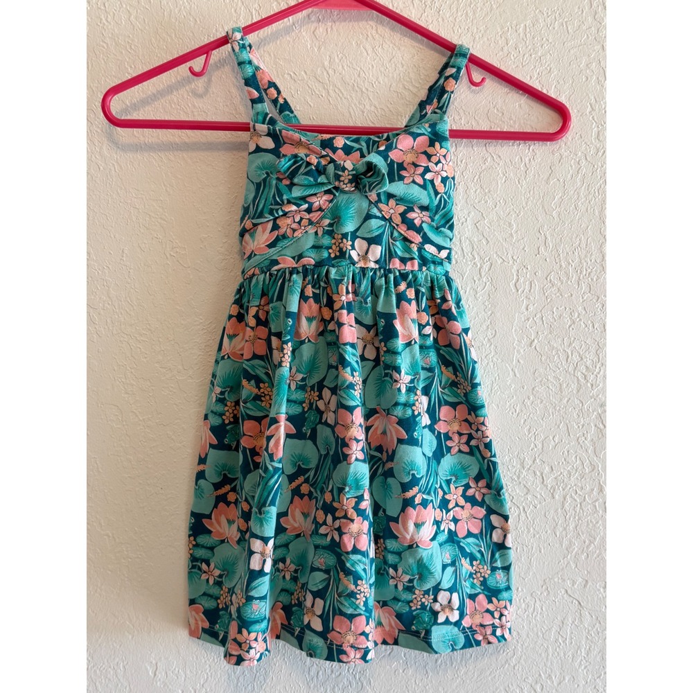 Tommy Bahama Girls Teal Pink Floral Lily Pad Sun Dress Size 4 Smocked Back